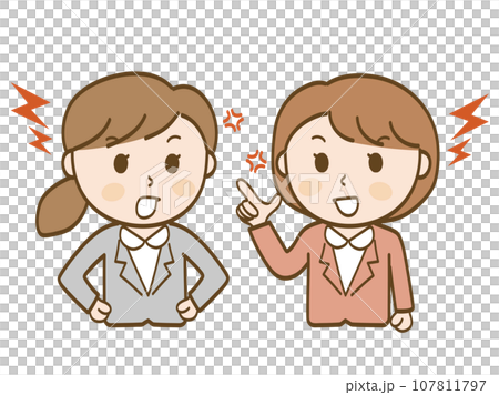 口喧嘩をするスーツ姿の女性会社員2人 口喧嘩をするスーツ姿の女性会社員2人 107811797