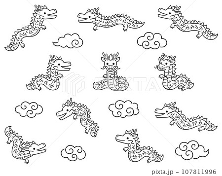 色々なポーズの龍と雲の線画イラストセット 107811996