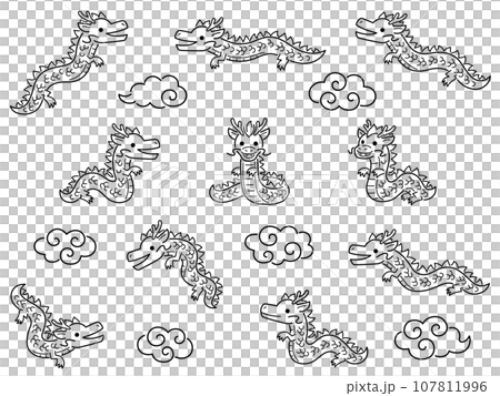色々なポーズの龍と雲の線画イラストセット 107811996