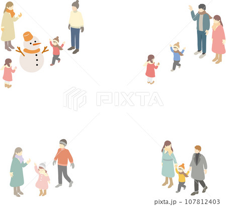 アイソメトリック　冬　家族　ファミリー　キッズ　人物　男性　女性　子供　イラスト素材セット 107812403