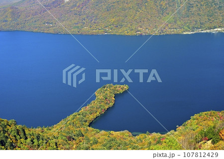 日光半月山展望台からの紅葉の中禅寺湖に八丁出島 107812429