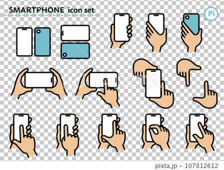 簡單的線條畫智慧型手機和手圖示集 107812612
