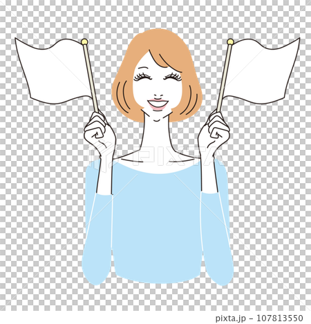 Upper body of a woman with bob hair holding a flag in both hands and cheering Upper body of a woman with bob hair holding a flag in both hands and cheering 107813550