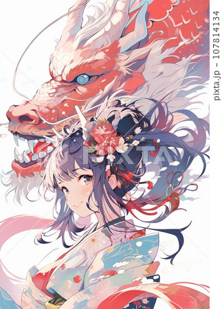 年賀状】2024年年賀状イラスト素材 龍と女性 （AI生成画像）のイラスト