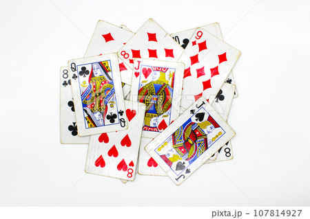 Playing cards on white background with selective focus Playing cards on white background with selective focus 107814927