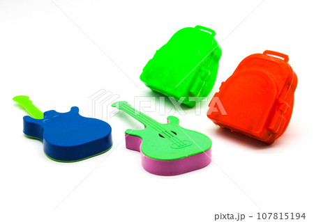 Toys on white background with selective focus 107815194