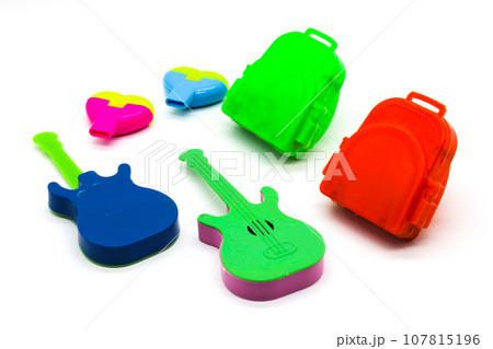 Toys on white background with selective focus 107815196