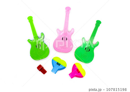 Toys on white background with selective focus 107815198