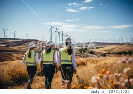 A modern wind farm backdrop team of lady engineers meeting. Generative AI 107815329