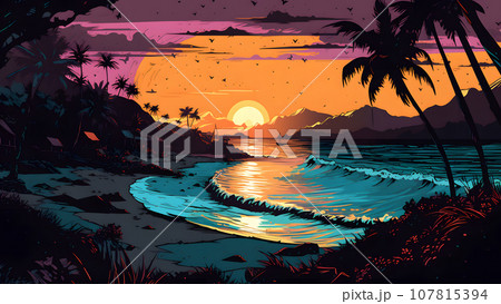 tropical paradise beach at sunset or sunrise in artistic 2d wall art drawing style, neural network generated image 107815394