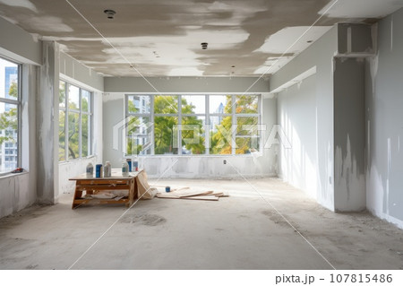 Renovation and modernization with flattened drywall walls in a condo room. Generative AI 107815486