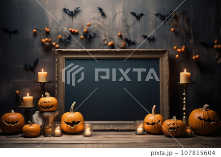 Mockup of scary pumpkins, candles, paper bats and leaves with empty frame. Generative AI 107815604