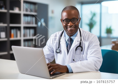 A middle age doctor writing on his laptop, looking at his laptop,background blur. Generative AI 107815757