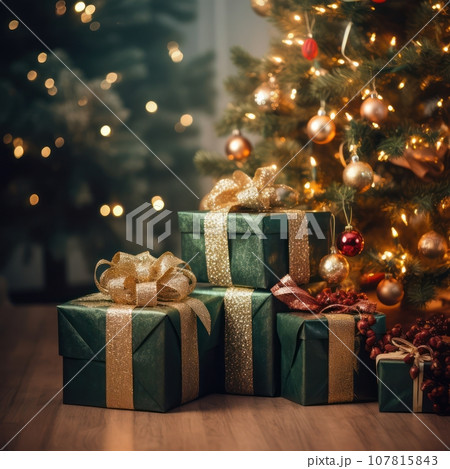 Decorated Christmas Trees Background with Fluffy Pines, Shiny Garland, and Wrapped Presents Decorated Christmas Trees Background with Fluffy Pines, Shiny Garland, and Wrapped Presents 107815843