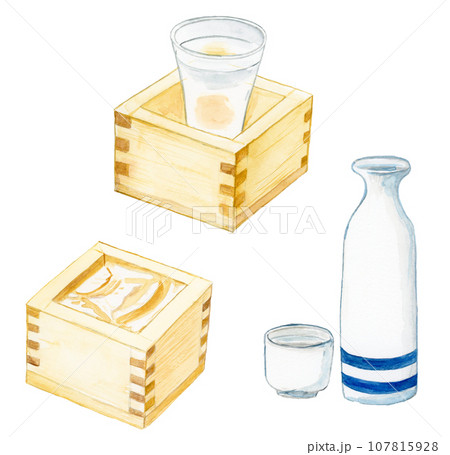 手描き水彩の枡と徳利に入った日本酒のイラストセット 107815928