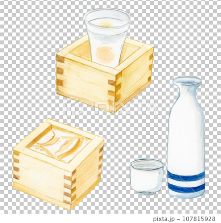 手描き水彩の枡と徳利に入った日本酒のイラストセット 107815928