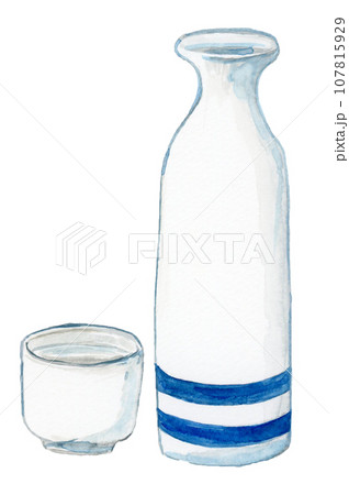 手描き水彩の徳利とお猪口の日本酒イラスト 107815929