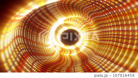 Abstract yellow energy tunnel made of particles and a grid of high-tech lines with a glowing background effect 107816458
