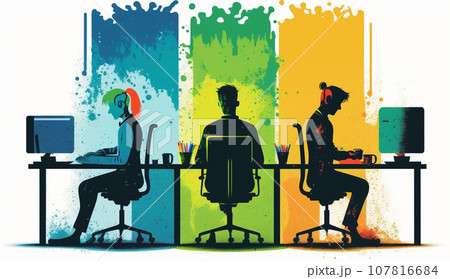 オフィス環境：オフィスでの仕事をする人々、デスクワーク、コンピューター作業。