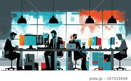 オフィス環境：オフィスでの仕事をする人々、デスクワーク、コンピューター作業。