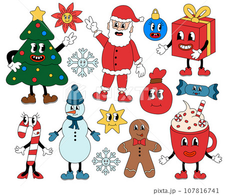 Retro set 70s 60s 80s Hippie Groovy Christmas Characters. Vector flat illustration. 107816741