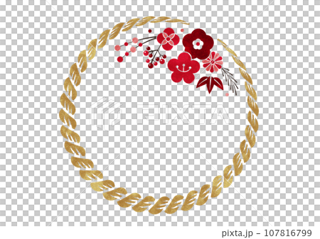 Japanese-style circular frame of shimenawa and plum blossoms watercolor_golden red and white 107816799