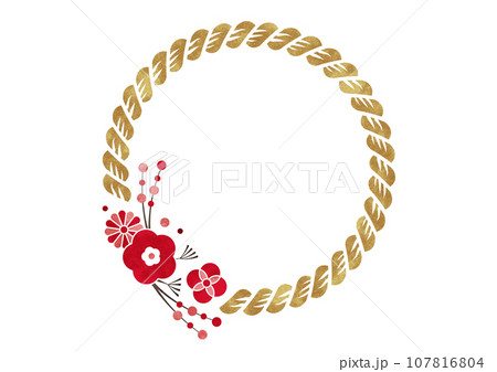 しめ縄と梅の花の和風円形フレーム 水彩_金色紅白 107816804