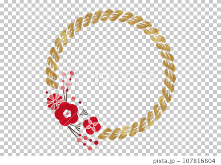 日式圓框注連與梅花水彩_金紅白 日式圓框注連與梅花水彩_金紅白 107816804