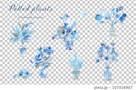 水彩花瓶中藍色花朵的插圖集 107816987