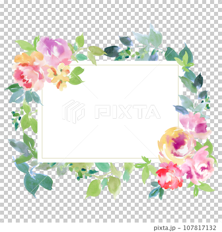 水彩で描いたカラフルなバラや草花のフレームデザイン 107817132