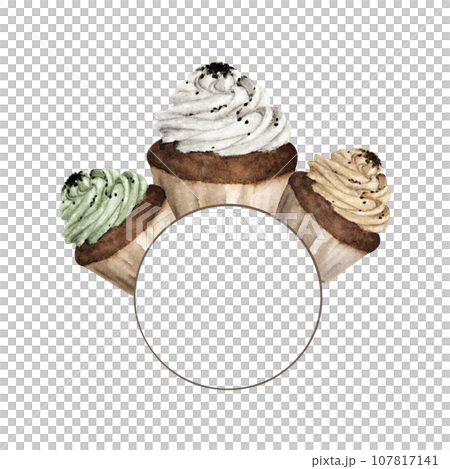 watercolor painting of Colorful cupcakes round frame. watercolor painting of Colorful cupcakes round frame. 107817141