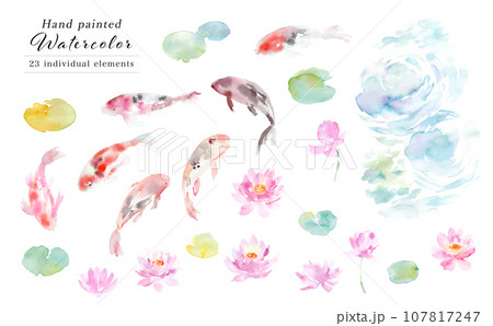 水彩で描いた鯉と睡蓮、水面のイラストセット 水彩で描いた鯉と睡蓮、水面のイラストセット 107817247
