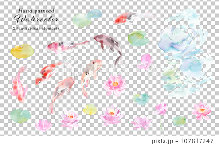 Watercolor illustration set of carp, water lily, and water surface Watercolor illustration set of carp, water lily, and water surface 107817247
