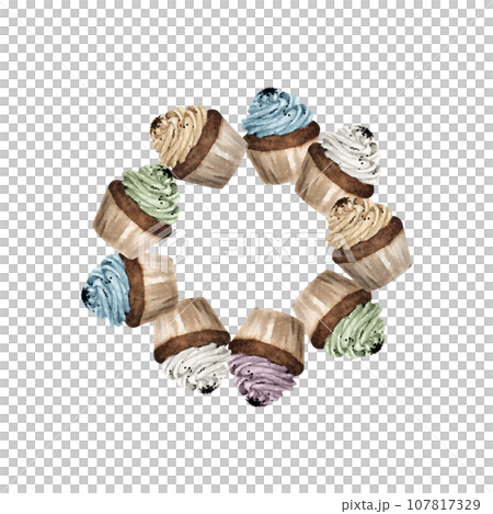 Watercolor painting of Colorful cupcakes round frame. Watercolor painting of Colorful cupcakes round frame. 107817329