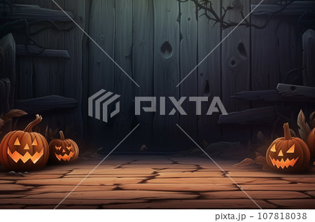 AI-generated content. Halloween scene background with glowing eyes of Jack O 107818038