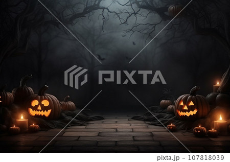 AI-generated content. Halloween scene background with glowing eyes of Jack O 107818039