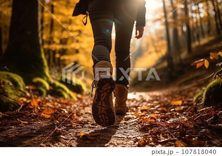 AI-generated content. Sports shoe and legs on rock trail, hiker trekking or walking of footpath 107818040