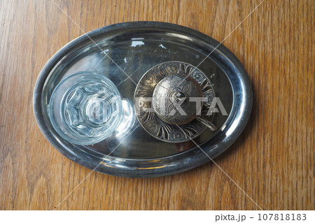 top view of a cup of turkish coffee on table  107818183