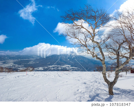 スキー場から雲に覆われた雪の火山を望む (北海道、ニセコ) スキー場から雲に覆われた雪の火山を望む (北海道、ニセコ) 107818347
