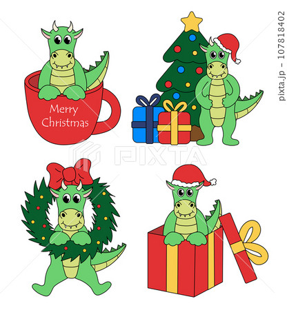 Set of cartoon Christmas and New Year Dragon characters. Cute Dragon in cup and in gift box, wreath, Christmas tree. Vector flat illustration. Set of cartoon Christmas and New Year Dragon characters. Cute Dragon in cup and in gift box, wreath, Christmas tree. Vector flat illustration. 107818402