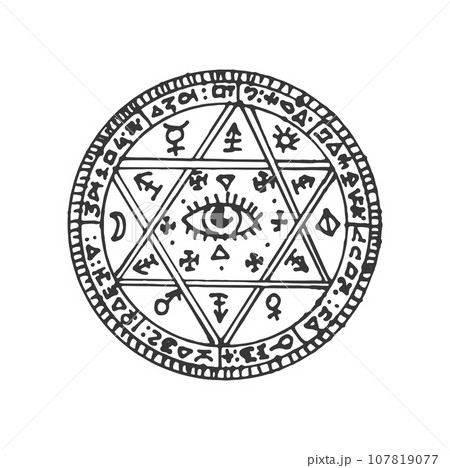 Pentagram with magic eye, satanic star and sacred aztec symbol. Vector alchemy, witchcraft and masonry, mystic amulet, meditation circle sketch Pentagram with magic eye, satanic star and sacred aztec symbol. Vector alchemy, witchcraft and masonry, mystic amulet, meditation circle sketch 107819077