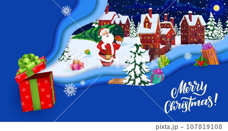 Christmas paper cut santa with pine holiday tree, reindeer and winter town. Vector xmas papercut art with cheerful father noel and deer at countryside landscape with snowfall, gifts and 3d layers Christmas paper cut santa with pine holiday tree, reindeer and winter town. Vector xmas papercut art with cheerful father noel and deer at countryside landscape with snowfall, gifts and 3d layers 107819108