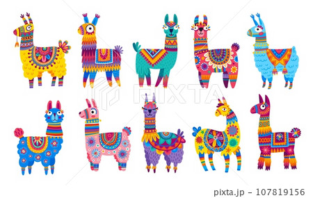 Cartoon llama and alpaca characters. Funny llama animals, South America, Peru or Mexico wild or farm animal isolated vector personages wearing blankets and saddles with mexican ethnic ornaments 107819156
