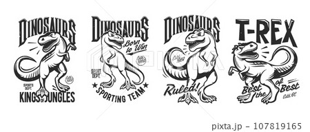Tyrannosaurus rex, t-rex dinosaur t-shirt print, tattoo. Sport club dino mascot vector template with cartoon jurassic animal characters. Roaring tyrannosaurus rex dinosaur personages, extinct monsters 107819165