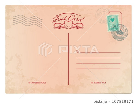 Valentine day antique postcard, retro postage stamp and vintage mail. Grunge vector brown paper texture, romantic love background for holiday correspondence. Greeting card backside with romantic marks 107819171