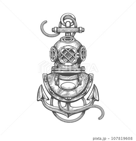 Retro diving helmet and anchor sketch Retro diving helmet and anchor sketch 107819608