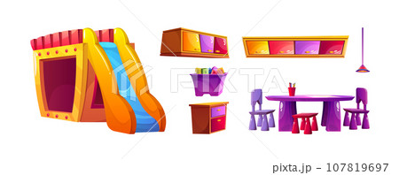 Kid classroom in kindergarten interior cartoon set 107819697