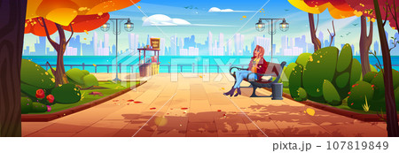 Autumn city park and bench on embankment near tree Autumn city park and bench on embankment near tree 107819849