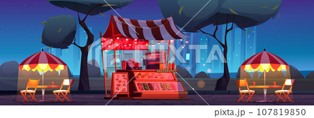 Outdoor burger stall in night city park Outdoor burger stall in night city park 107819850