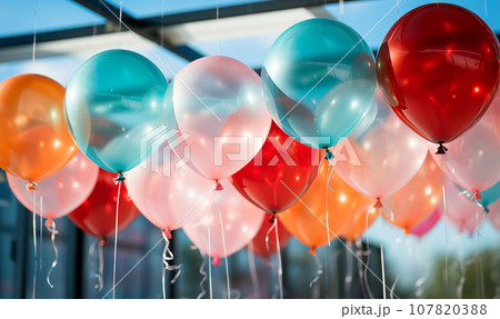 colorful party balloons filled background. Happy birthday concept. Festive party and Happy birthday decoration with copy space. set of multicolored balloons space for text 107820388